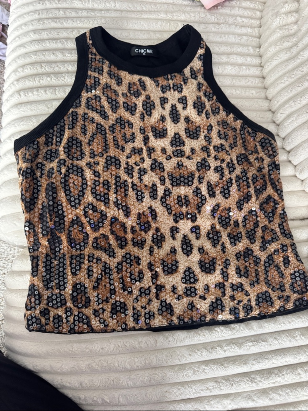 chic Leopard Sequin Halter Tank Top in Black and Tan